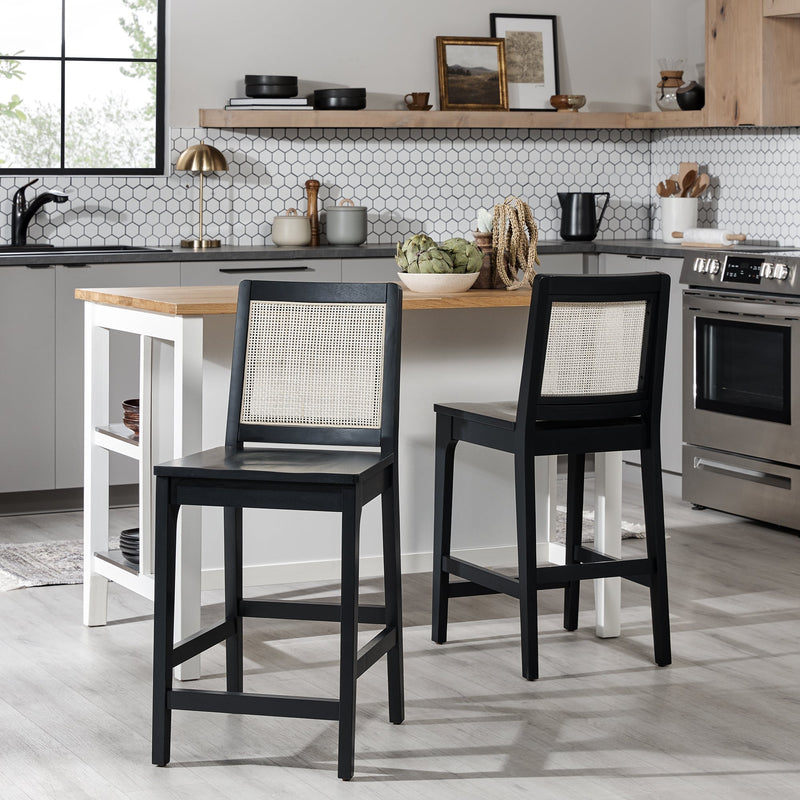 Solid Wood Counter Stool with Rattan Back Insert, Set of 2 Living Room Walker Edison 