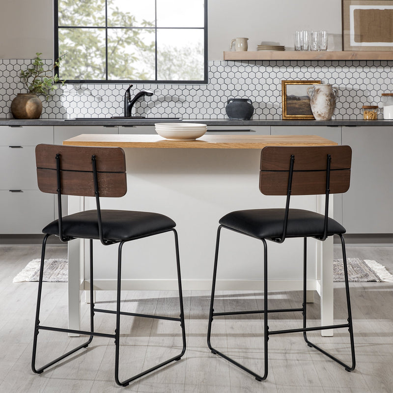Modern 2-Piece Faux Leather Metal and Wood Counter Stool Set Dining / Kitchen Walker Edison 