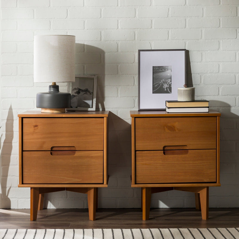 Sloane Mid Century Modern Solid Wood Nightstand Bedroom Walker Edison Nightstand 2PK Caramel 