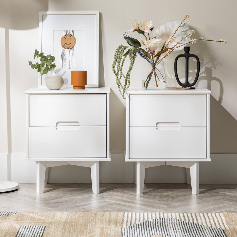 Sloane Mid Century Modern Solid Wood Nightstand Bedroom Walker Edison Nightstand 2PK White 