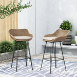 Walker Edison | Outdoor 29.25'' Wicker and Iron Barstool with Cushion (Set of 2) Thumbnail