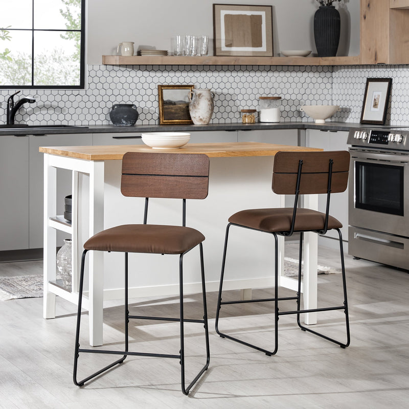 Modern 2-Piece Faux Leather Metal and Wood Counter Stool Set Dining / Kitchen Walker Edison 