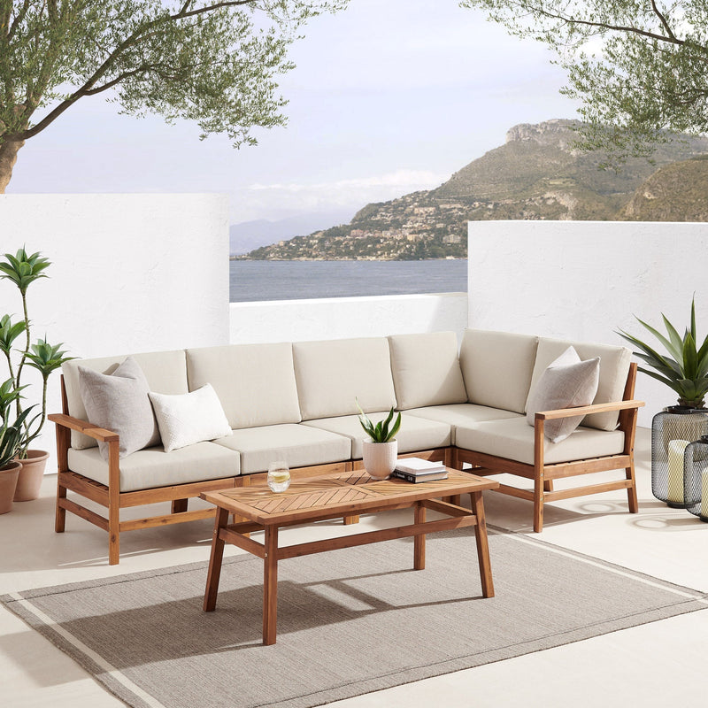 6-Piece Modern Chevron Acacia Outdoor Corner Sectional with Coffee Table Living Room Walker Edison Brown 