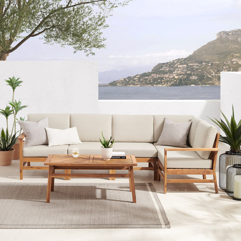6-Piece Modern Chevron Acacia Outdoor Corner Sectional with Coffee Table Living Room Walker Edison 