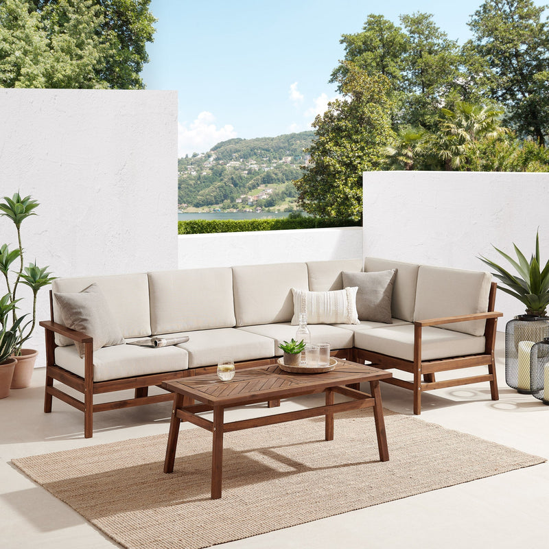 6-Piece Modern Chevron Acacia Outdoor Corner Sectional with Coffee Table Living Room Walker Edison Dark Brown 