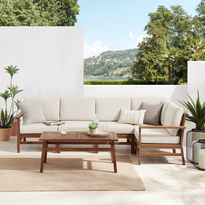 6-Piece Modern Chevron Acacia Outdoor Corner Sectional with Coffee Table Living Room Walker Edison 