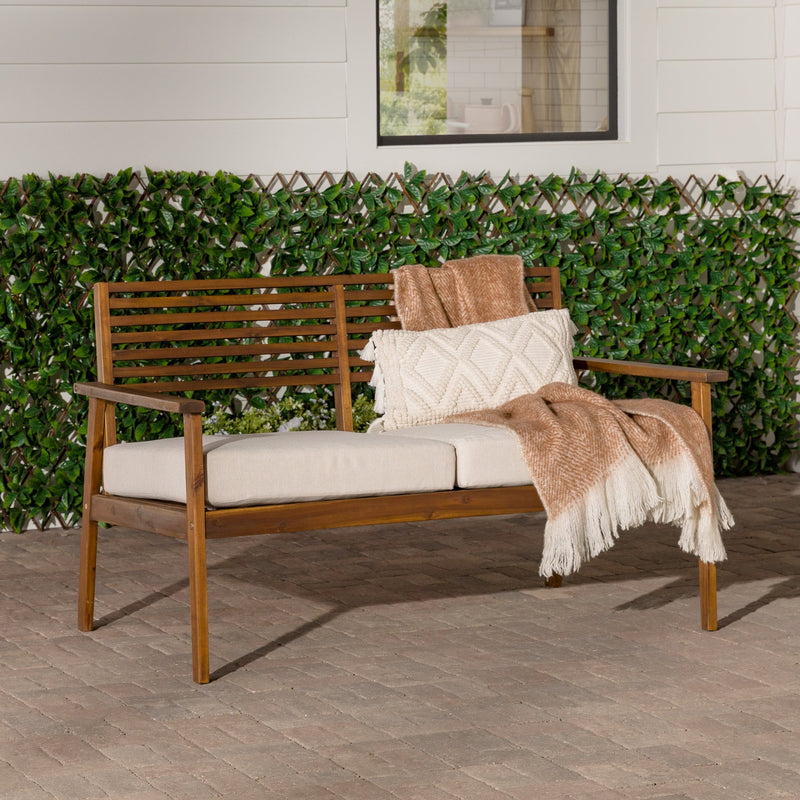 Mid-Century Modern Acacia Outdoor Slat-Back Loveseat Living Room Walker Edison Dark Brown 